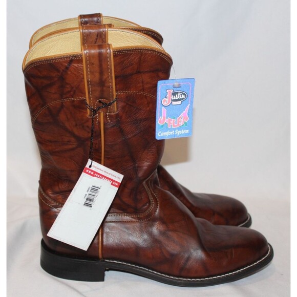 JUSTIN MEN'S DEERLITE ROPER LEATHER BOOTS BROWN MARBLE SZ 6.5 EE WIDE NWT - Picture 2 of 6